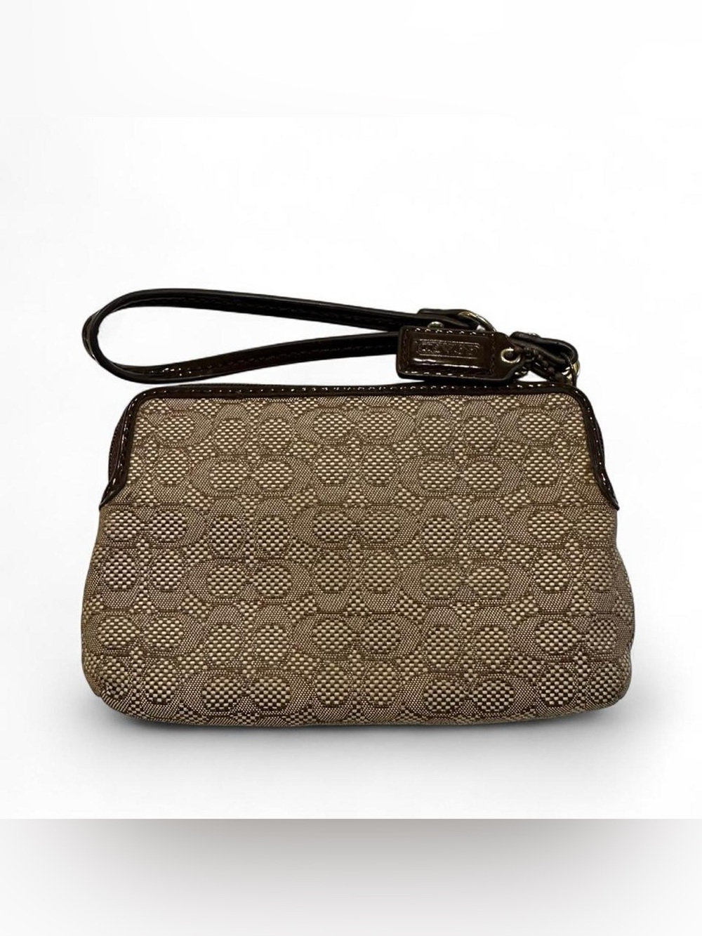 Coach Poppy Signature Oxford Double Zip Wristlet Dark Brown Leather Trim - Picture 2 of 5